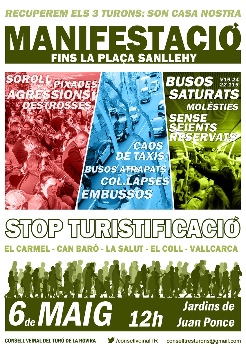 ConsellVeinalTR's tweet photo. 🌊CAP DE SETMANA: MAR I MUNTANYA!🌳

Ds. 6/5, a les 12h, el veïnat dels Tres Turons anem del Carmel fins a Sanllehy, fent parada al Park Güell, per a dir PROU a:

🚨La turistificació dels nostres barris 
😡El robatori a la ciutadania d'espais històrics
⛔️La impunitat del turisme https://t.co/IDLK74cwKa