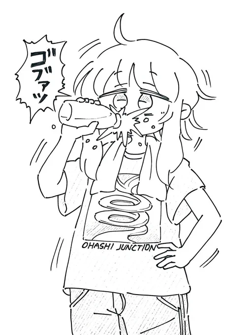 牛乳が気管に入るゆかりさんを描きました。