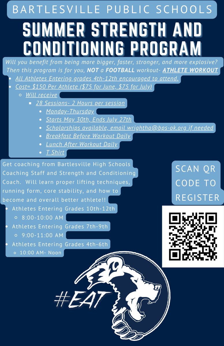 BartlesvilleFB's tweet photo. Summer Pride sign ups are live!!  1st Day May 30th, total Athlete Development, not football specific, EVERYONE 4th-12th grades encouraged to attend.
#EAT https://t.co/pB2O78Eanr