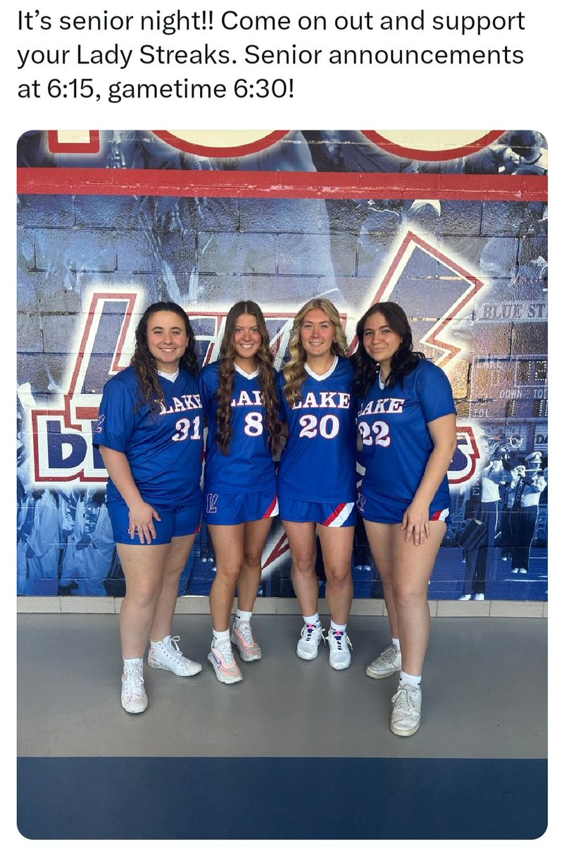 LakeStreaks's tweet photo. Make sure to come out support the vasity girls lacrosse . CHEER on the Seniors🥍 https://t.co/fjXU6QljLL
