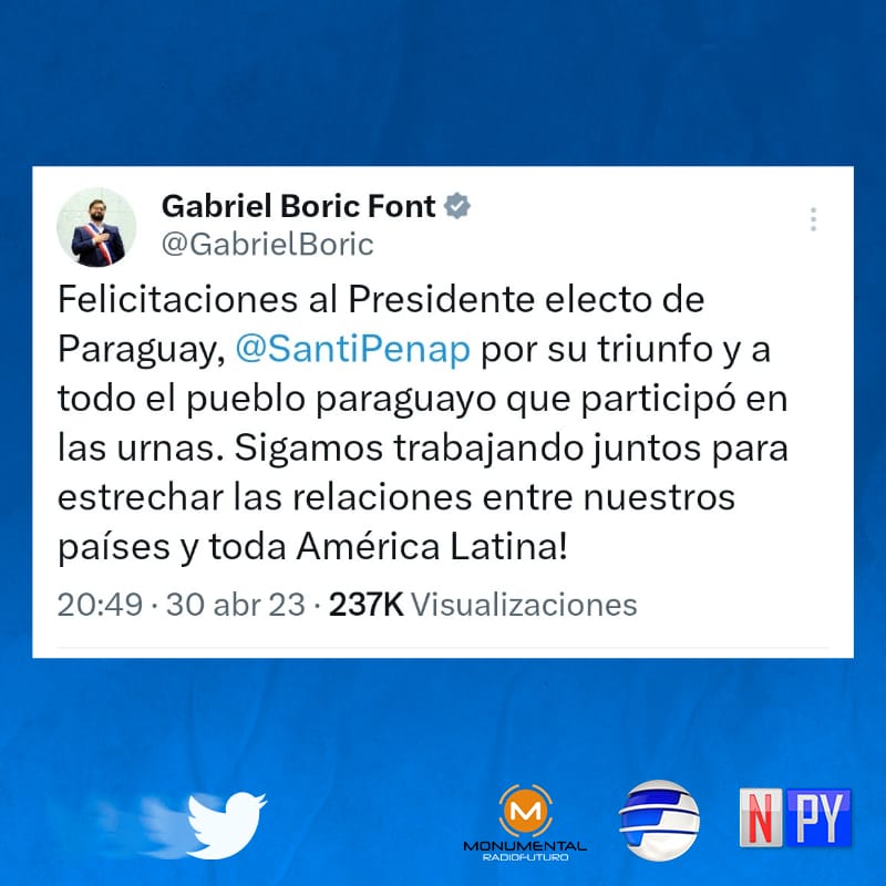 AM_1080's tweet photo. El presidente chileno, Gabriel Boric, felicitó a Santiago Peña "por su triunfo y a todo el pueblo paraguayo que participó en las urnas".
#PyVota #PyVota2023 #AM1080 https://t.co/gGSLRLjnv2