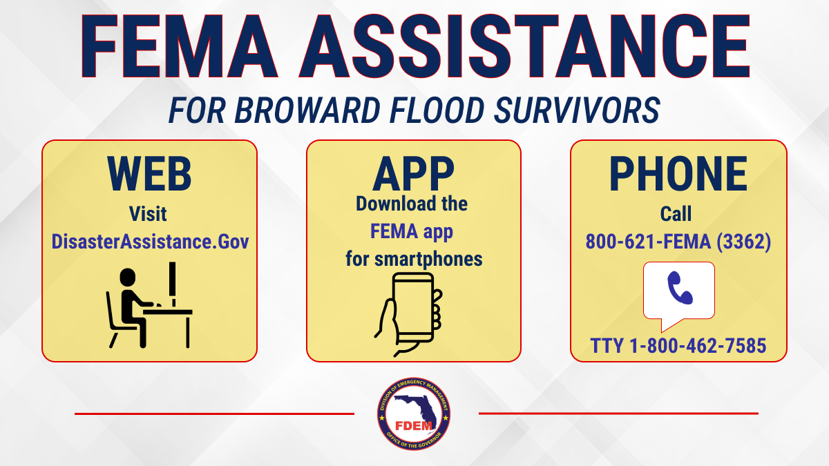 FLSERT's tweet photo. Individual Assistance is now available for Floridians impacted by the SE FL Flooding in Broward County.

⬇️ There are 3 ways to start the application process:

🖥️ Visit https://t.co/341i4teLUj
📱 Download the FEMA App
☎️ Call 1-800-621-3362 https://t.co/frAtmsXosa