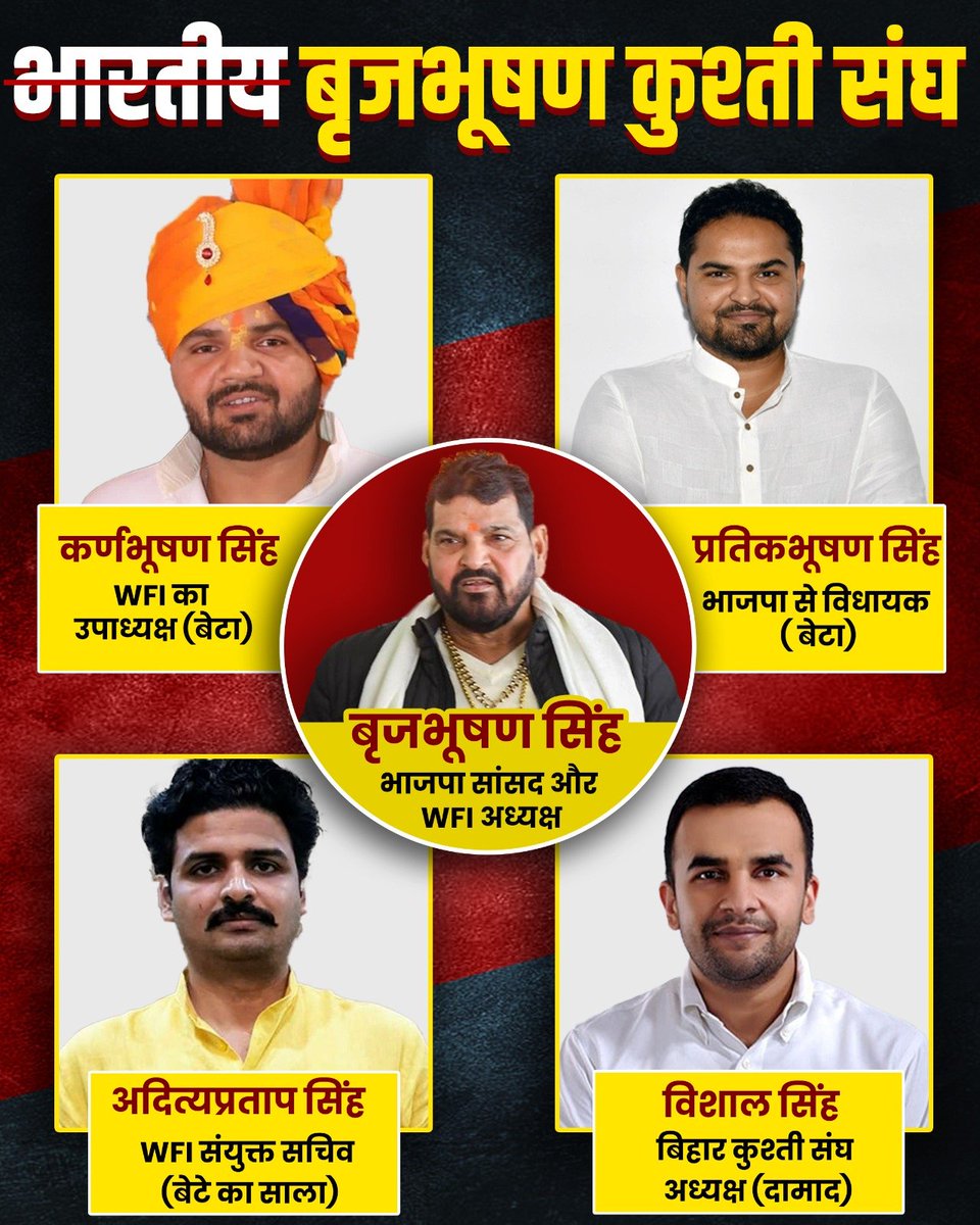 भारतीय कुश्ती संघ न कहें
बृजभूषण कुश्ती संघ कहें

खुद अध्यक्ष, बेटा उपाध्यक्ष
खुद सांसद दूसरा बेटा विधायक
बेटे का साला कुश्ती संघ में संयुक्त सचिव
दामाद बिहार का कुश्ती संघ का अध्यक्ष

सवाल उन लोगों से है जो कहते हैं यह आंदोलन तो एक परिवार के लोग कर रहे हैं, यह सवाल उन लोगों से