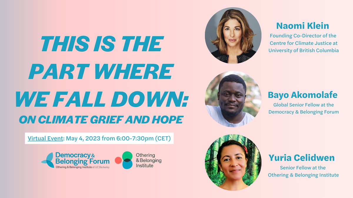 “Hope thrives at all costs.” Join us May 4 with @BayoAkomolafe, <a href="/NaomiAKlein/">Naomi Klein</a>, and Yuria Celidwen for an exploration of climate grief and hope, and the invitation nestled within the idea that to stand a chance, we might need to fall.

Register (free): bit.ly/3o5WMzH