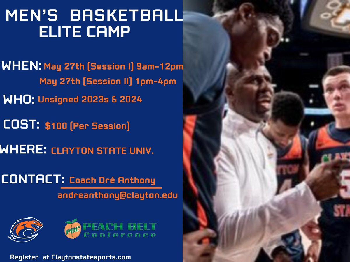 This month! Please reach out to <a href="/CoachDreAnthony/">Dré Anthony</a> with any questions! 
Contact: andreanthony@clayton.edu 

🚨 @ClaytonStateMBB
🗓 May 27th 
⏰ 9am-12pm / 1pm-4pm 
📍 CSU Athletics Center
Register: claytonstatesports.com/registrations/…