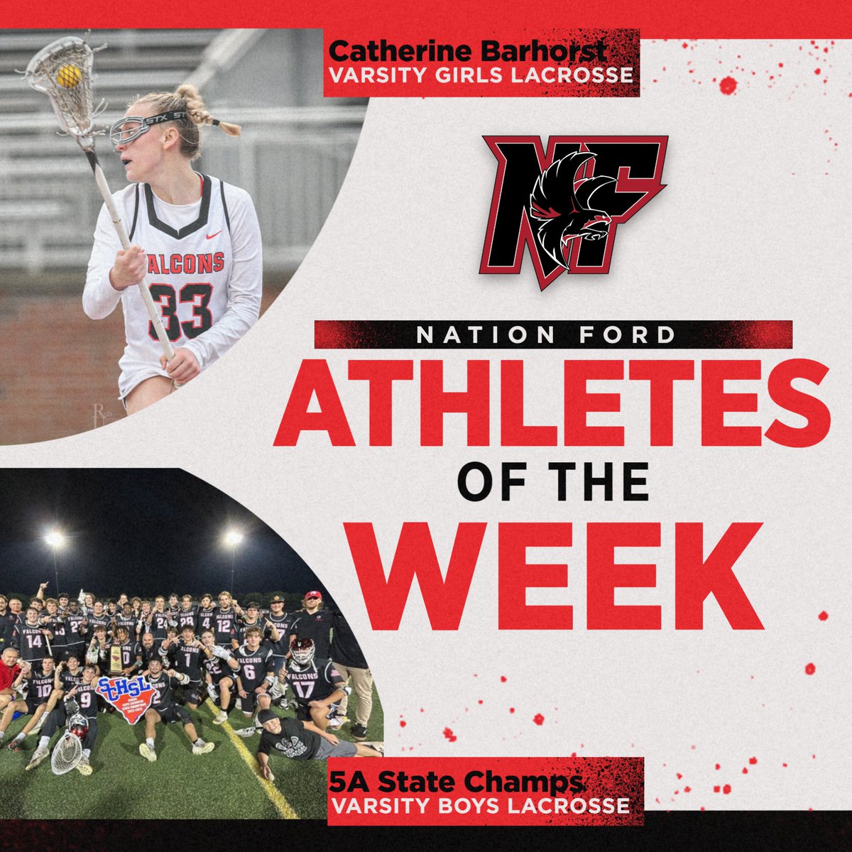 Athletes of the Week 

Female: Catherine Barhorst | <a href="/NAFO_GLax/">Nation Ford Girl’s Lacrosse</a> 
Region 3 5A Player of the Year

Male:  Boys Lacrosse | <a href="/NAFO_BoysLAX/">Nation Ford Boys Lacrosse</a> 
SCHSL 5A State Champions

#GoFalcons