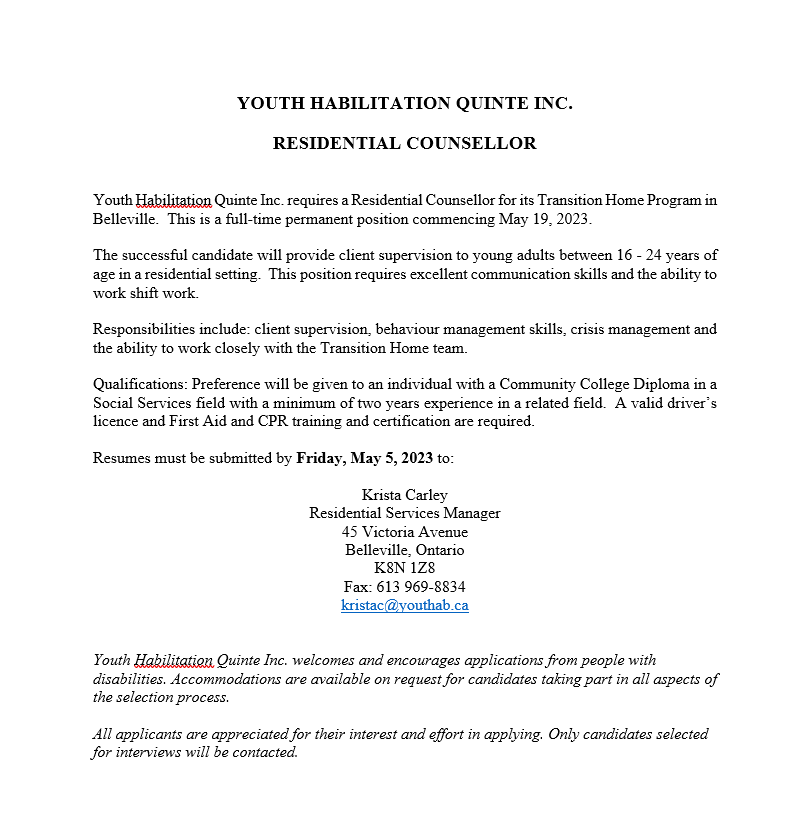 Youth Habilitation Quinte Inc. is looking to hire a full-time Residential Counsellor to join our team.
Consider this posting today!
For more information please see link below:
careeredge.on.ca/careers/reside…
#CareerEdge #gettheedge #getthestaff #getthetraining
#getthejob