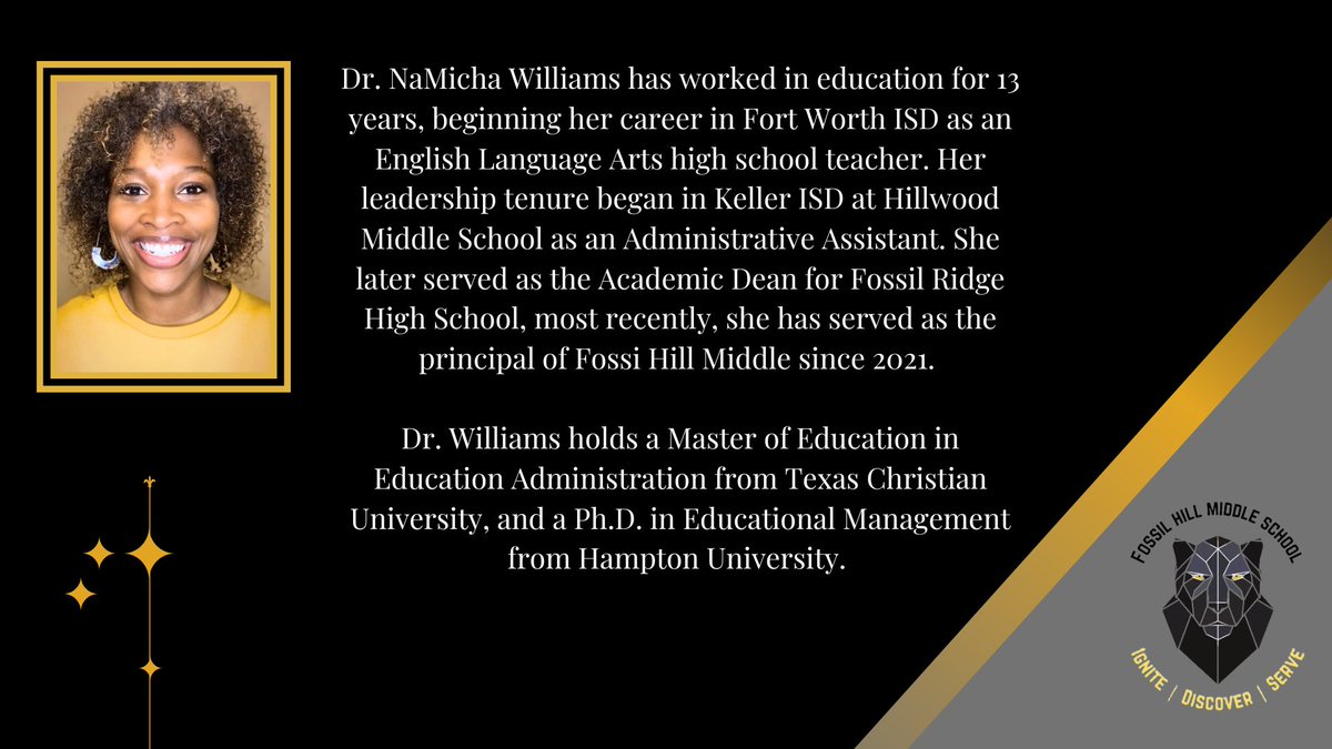 Fossil_Hill's tweet photo. Happy National Principal's Day to our Principal, Dr. Williams!  We appreciate her boundless energy and enthusiasm for our Panthers staff and students alike.

Thank you, Dr. Williams!
#celebratekisd #fhmslimitless @kellerisd https://t.co/xXvNpNCl8j
