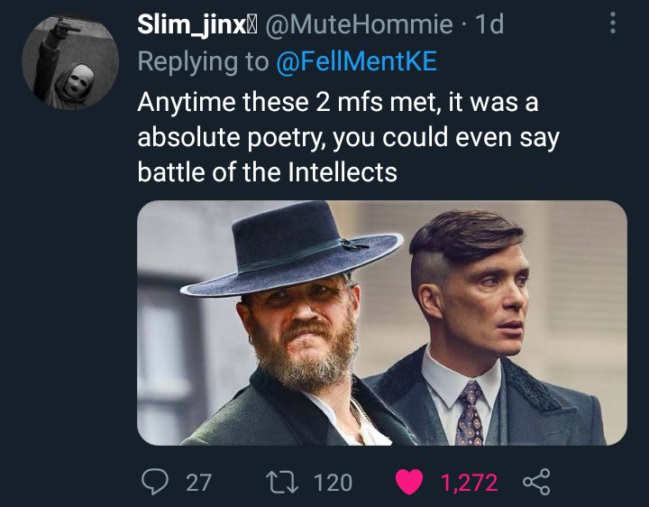 _Kabir98_'s tweet photo. @MrBlackOG Tommy Shelby: What have you heard, Alfie?
Alfie Solomons: I heard a cop got shot. Who shot him?
Tommy Shelby: My kestrel.
Alfie Solomons: Right, oh, up the stakes, very good. https://t.co/A6Wu4ntb6x