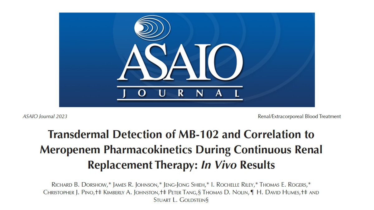 medibeacon's tweet photo. Second peer-reviewed paper on applicability of using novel fluorescent tracer agent relmapirazin (MB-102) in CRRT is online at ASAIO Journal. Changes in transdermal detected relmapirazin clearance occurred immediately with a change in CRRT rates. https://t.co/VFQiGImElQ https://t.co/QUNK0Cfhcn