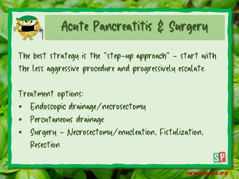 #acutepancreatitis rarely need an invasive procedure. When needed, the gold standard is the so-called 'step-up approach'...💉🩻🔪

#spbites 🍕 #surgery #emergencysurgery #ACS #education #MedTwitter #MedEd 

If you want to read more: surgicalpizza.org/emergency-surg…