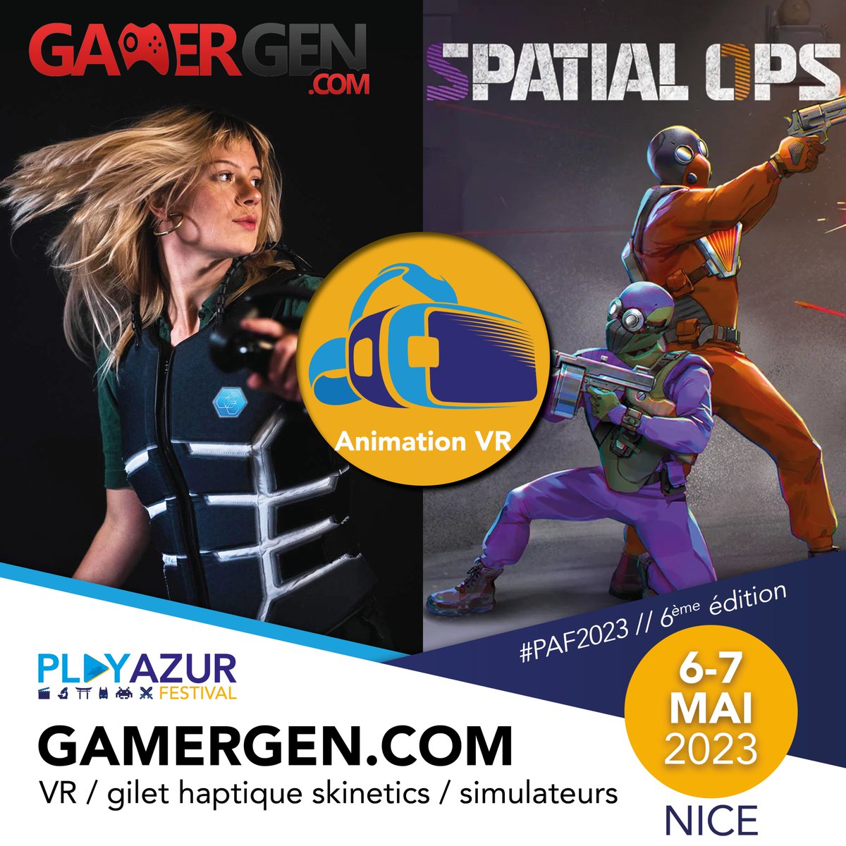 PlayAzur's tweet image. [👾#JeuxVidéo🎮] @gamergen_com sera au #PAF2023

16 casques VR, 1 siège sur vérins et 2 kayaks sur 140m²
🔸100m² VR en déambulation libre 3 vs 3 (spatial OPS)
🔹test gilet haptique skinetics 

👉playazur.fr/tickets/store/

#Nice06
#ILoveNice
#CotedAzurFrance