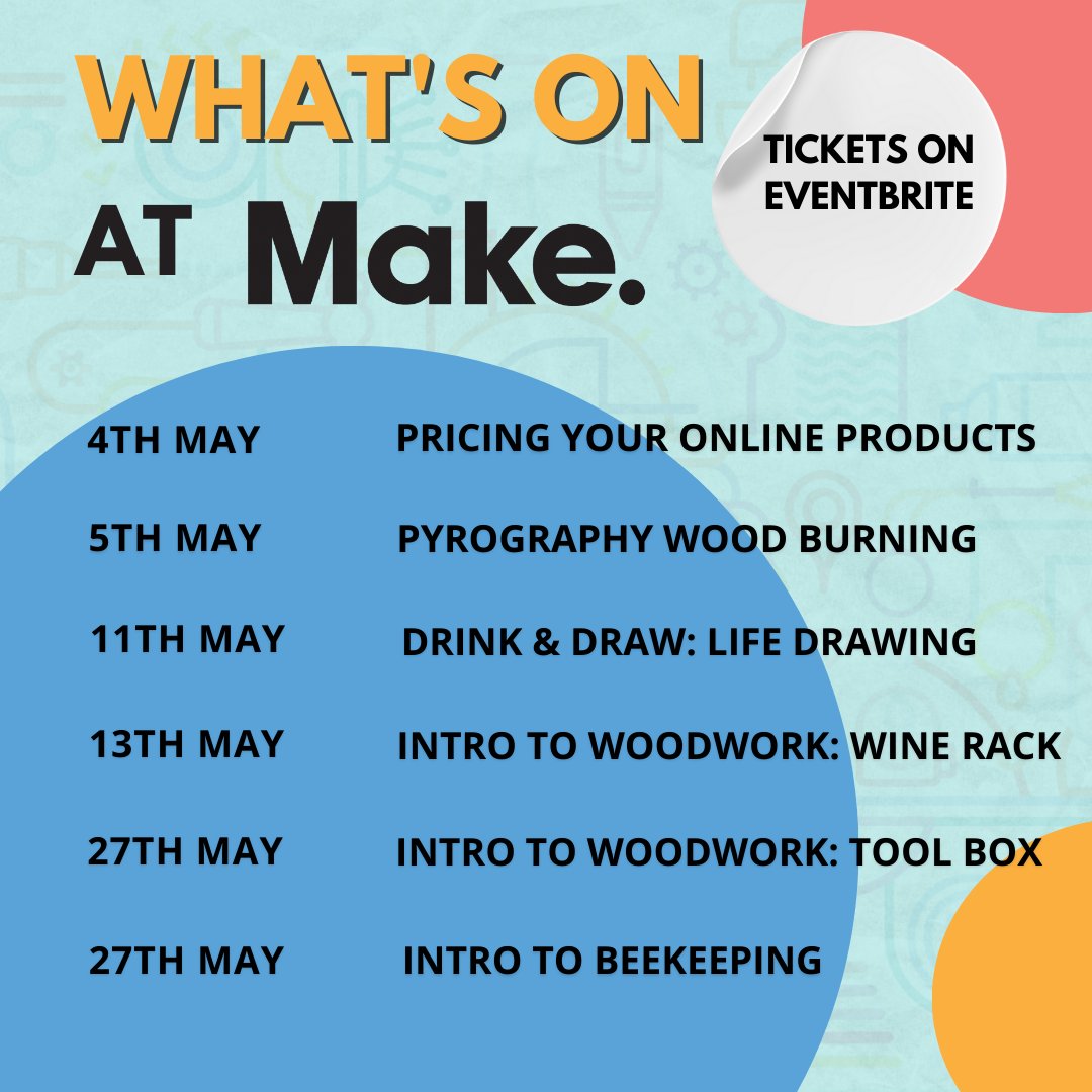 🌸What's on at Make in May 🌸

We've got a brand new class this month Pyrography Wood Burning🔥

A seasonal favourite Intro to Beekeeping🐝

And the last of our Creative Enterprise Workshops (for now) @MakeHuyton

Grab a ticket via Eventbrite ➡️ eventbrite.co.uk/o/make-8132732…