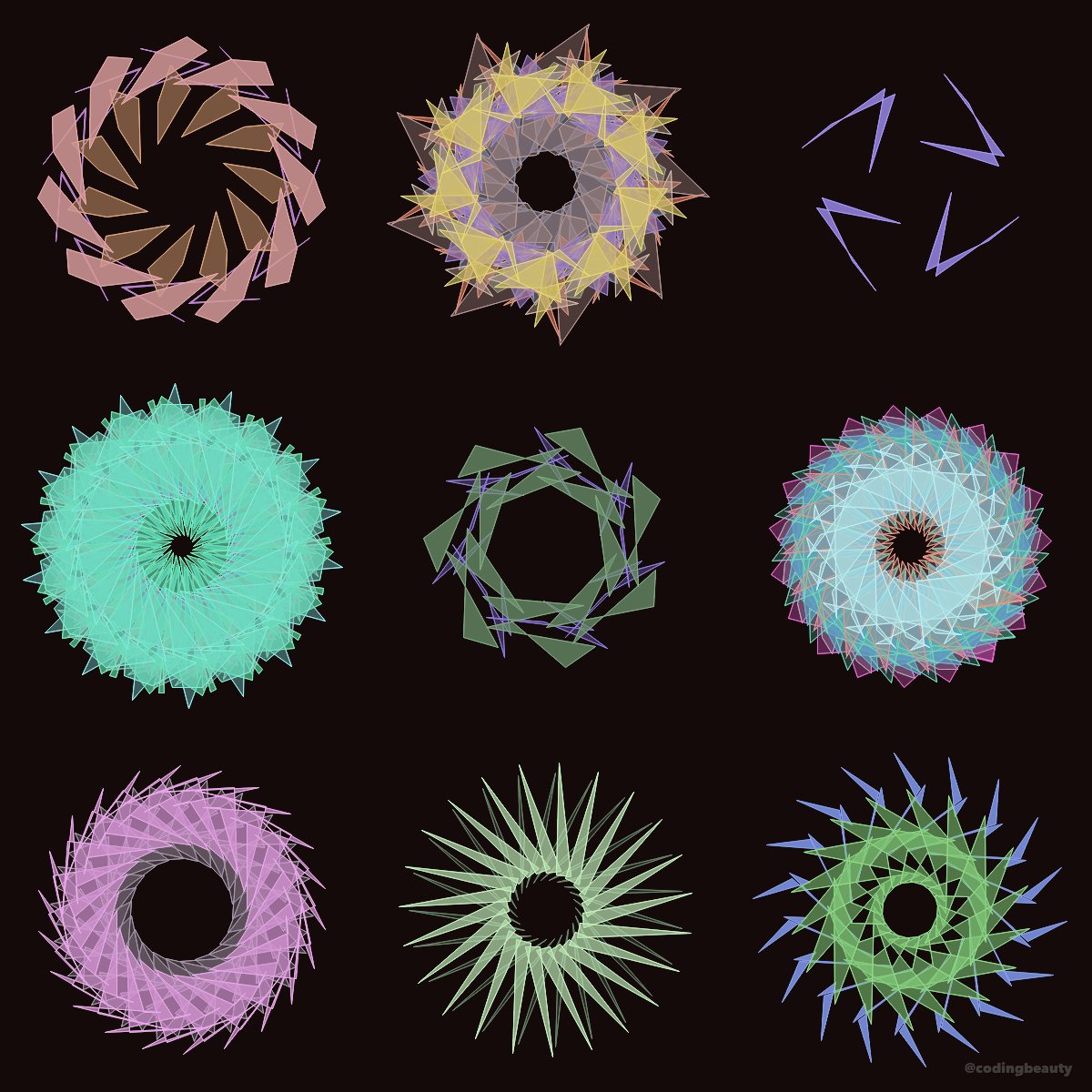 3x3 Spinning Polygons Scheme № 49603 
#3x3 #spinning #polygons #flower #math #symmetry #pattern #generative #procedural #art #creativecoding