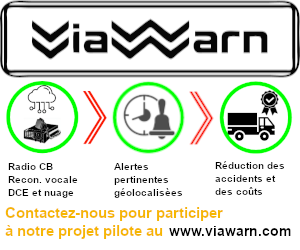 VIAWARN développe une technologie qui tire profit de vos investissements en DCE et radio CB. Notre solution réduit le temps que vous dédiez à fournir des risques routiers ⚠️ à vos chauffeurs, optimise leurs routes 🧭 et réduit les risques d'accidents💥. viawarn.com/fr/pilote/