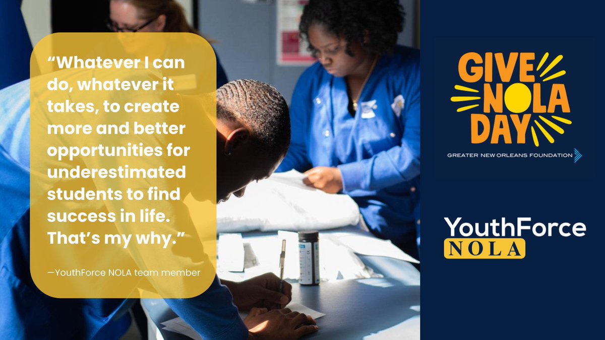 Tomorrow is #GiveNOLADay! It’s the perfect time to invest in the #YouthForceNOLA mission alongside our most ardent supporters. givenola.org/youthforcenola
