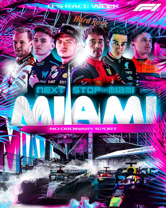 A colourful poster showing Charles Leclerc, Max Verstappen, Logan Sargeant, George Russell, Lando Norris and Kevin Magnussen, with the cars of Russell and Verstappen also shown at the bottom of the shot. The drivers are surrounded by neon pink and blue palm trees, with 'Next stop Miami' shown in the centre.
