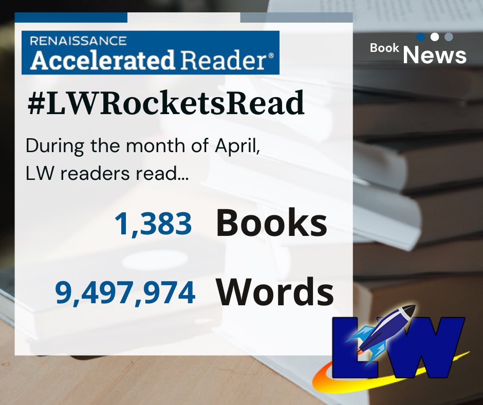 Hooray for April’s book news! 🎉📚 This brings our overall total books read this school year to 12,902. Last year at this time we had only read 11,547 books. Way to go LW readers. 📖💞 Can we beat books read from last May which was 1,152?! #LWRocketsRead #LWReadingGoals