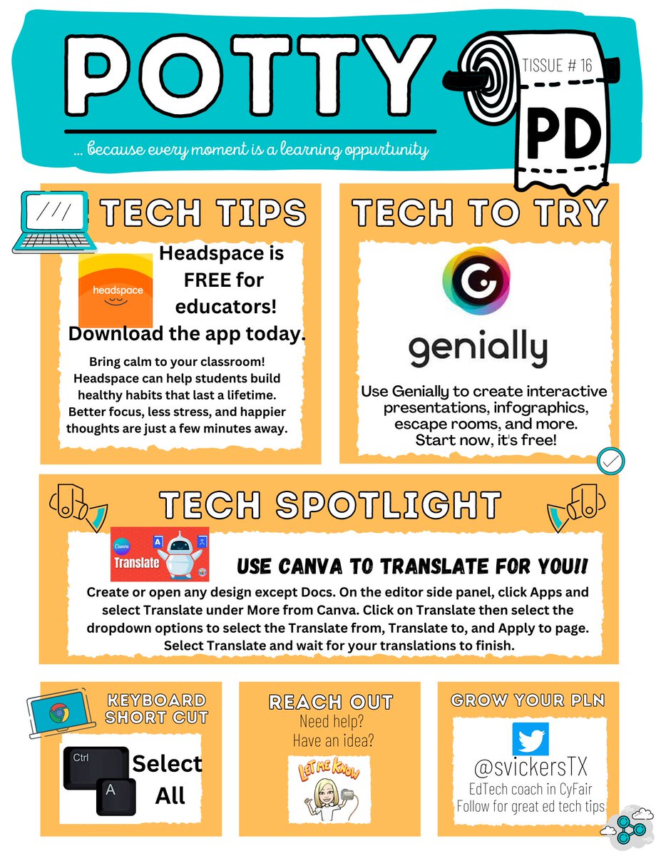 kyndrahartzler's tweet photo. It's the last tissue of #PottyPD for the school year @BirkesCFISD! This month is filled with all my favorites @Headspace, @genially, @canva! And give @svickersTX a follow! @CyFairEdTech https://t.co/GGMog6ozyq