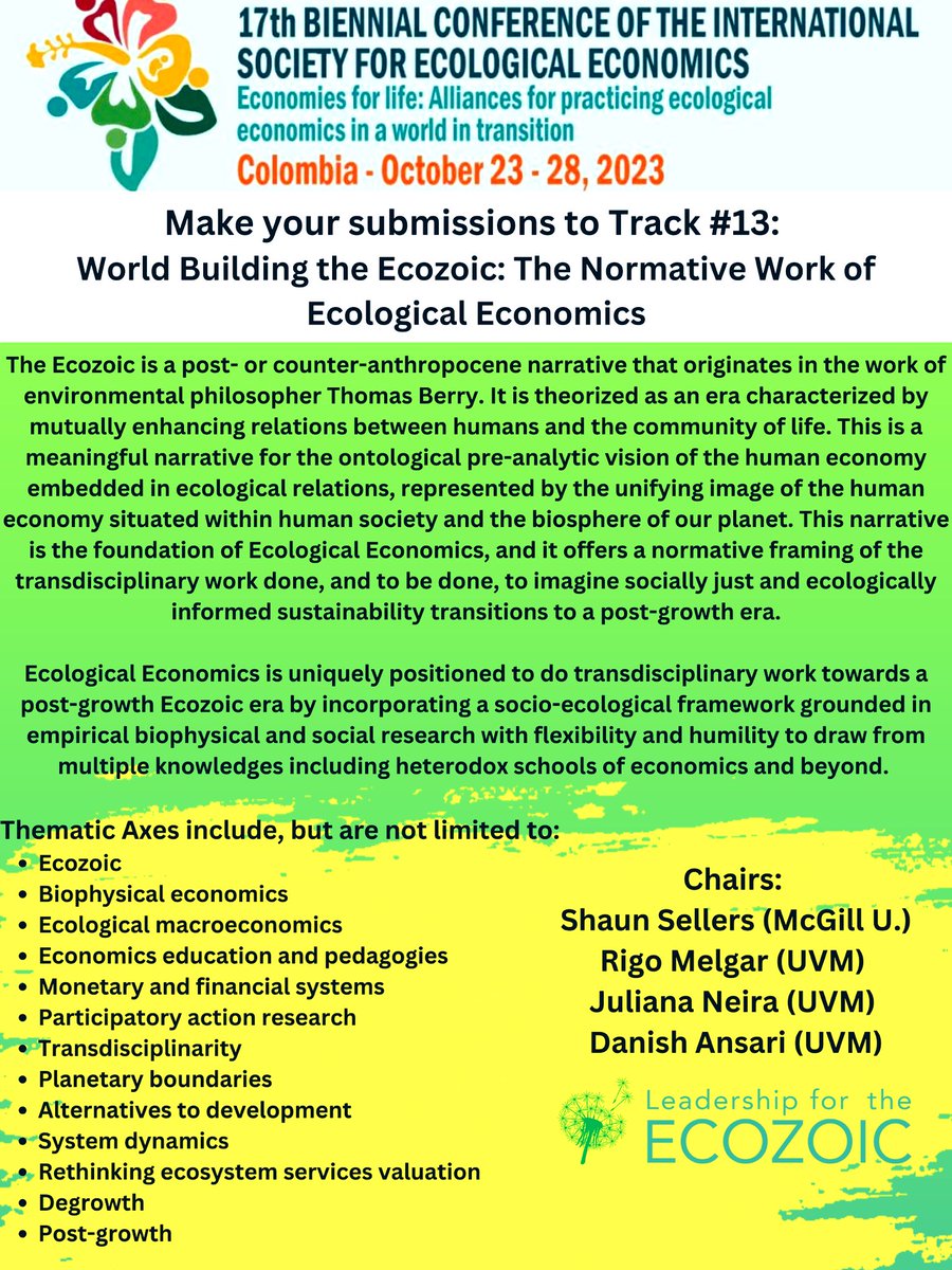 Check out the exciting International #EcologicalEconomics @ISEEORG conference being held in Colombia! 

Consider submitting abstracts of your wonderful research to our transformational track or others that might inspire you by the deadline of MAY 2nd: 2023.isecoeco.org/submissions/