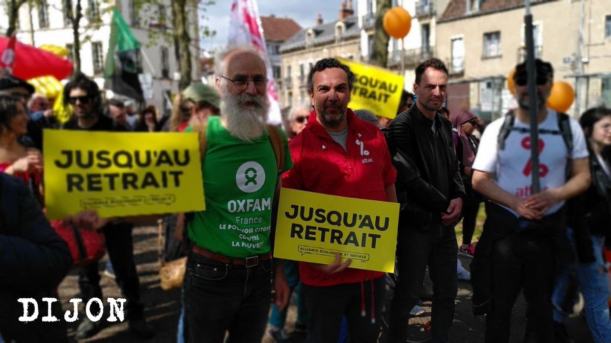 Ecolo_Sociale's tweet photo. De Chambéry à Dax, en passant par Brest et Dijon, on ne peut pas louper notre message : #JusquAuRetrait  
En ce #1erMaiUnitaire , associations écologistes et syndicats redisent fermement que 2 ans de plus sous 2 degrés de plus, c'est NON ! #ReformeDesRetaites https://t.co/BLaMEcwYLK