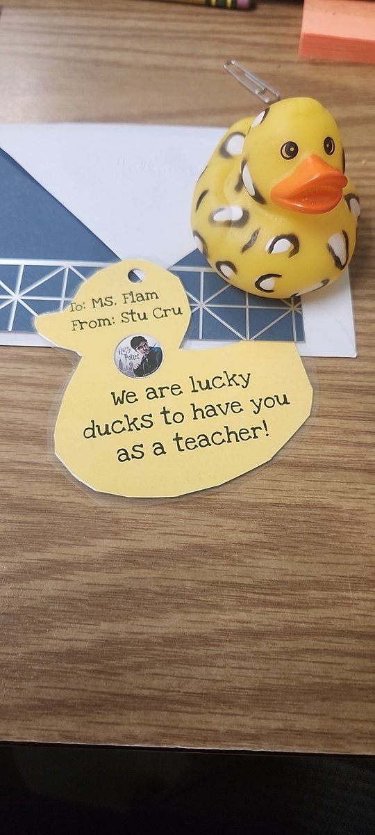 MsFlam33's tweet photo. Super cute surprise from our Stu Cru kiddos!  Love that they added Harry Potter for me and my note us so sweet!  I think I'M the lucky one! 

#TeacherAppreciationWeek #luckyducks https://t.co/f9mWozzKiY