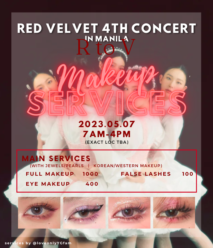 loveonlyYGfam's tweet photo. [LFB] Makeup Services (05.07.2023)

❤️ R to V - Red Velvet Concert in Manila❤️

Hello! I'm very passionate about makeup and have painted many friends and clients (for concerts, prom, debut, wedding, graduation, etc.) and it will be a privilege to do yours. https://t.co/43tEq8wpXv