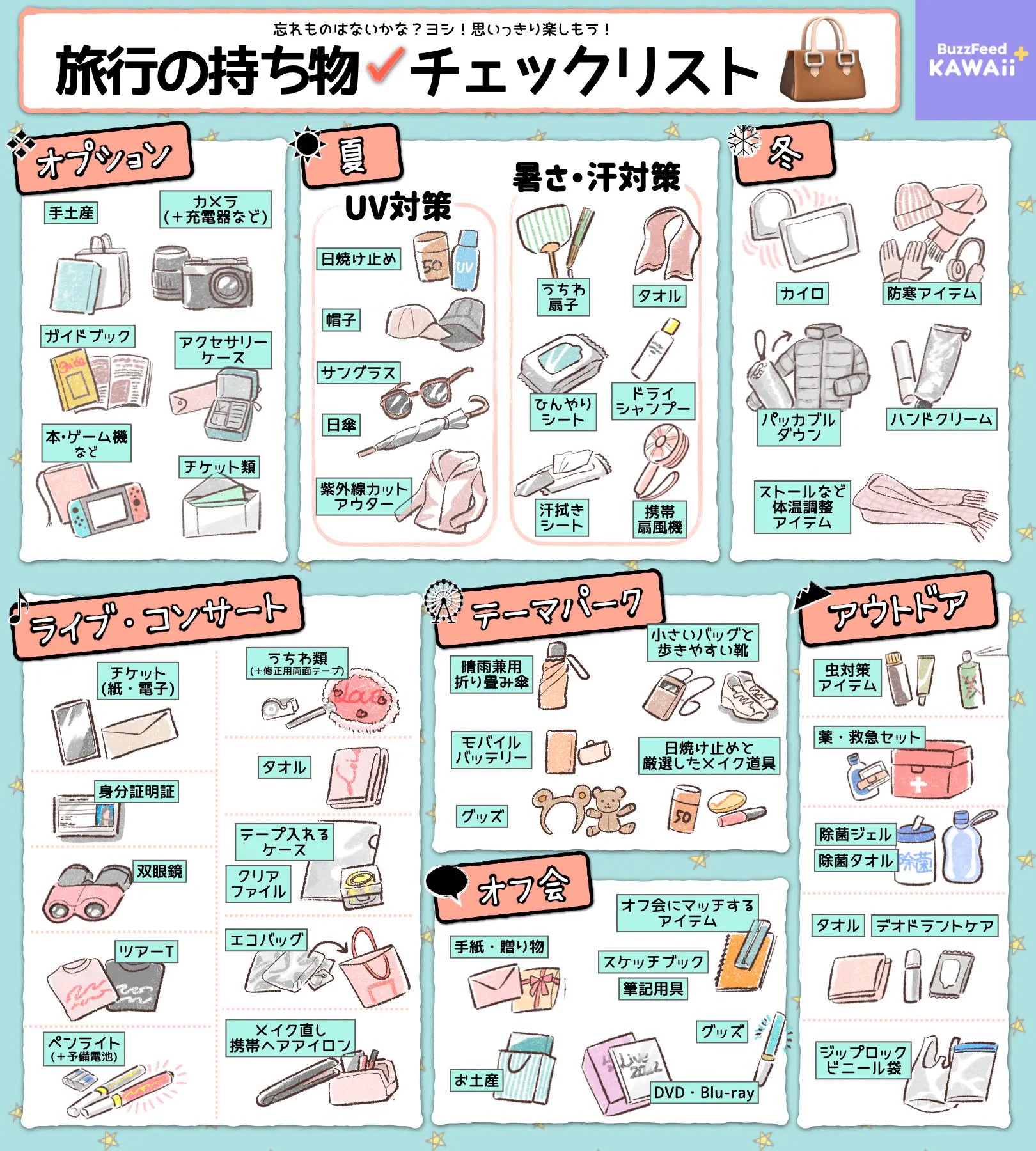 旅行やライブで必要な持ち物をまとめたよ。持ち物チェックリスト