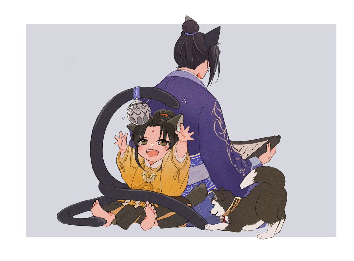 black hair animal ears sitting tail barefoot japanese clothes cat tail  illustration images