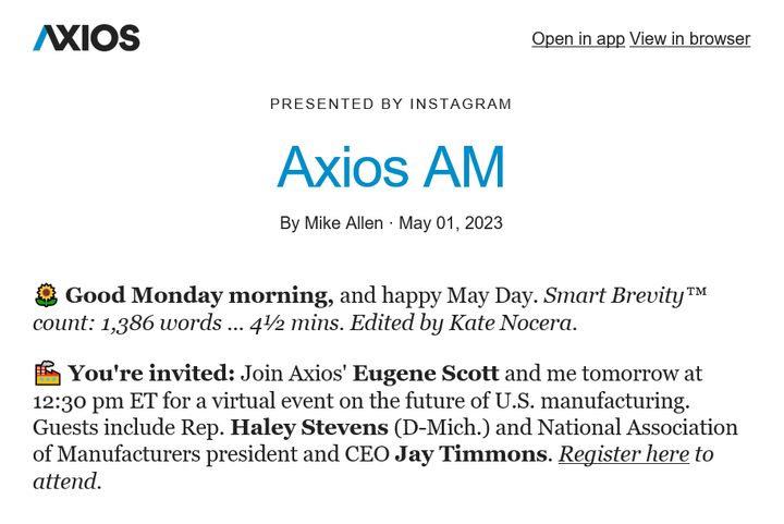 ShopFloorNAM's tweet photo. Leading @Axios AM: @JayTimmonsNAM and @RepHaleyStevens join @mikeallen and @Eugene_Scott tomorrow for a conversation on the future of manufacturing in America. RSVP: https://t.co/CFqKJEoUyR https://t.co/GGYcbYs96m