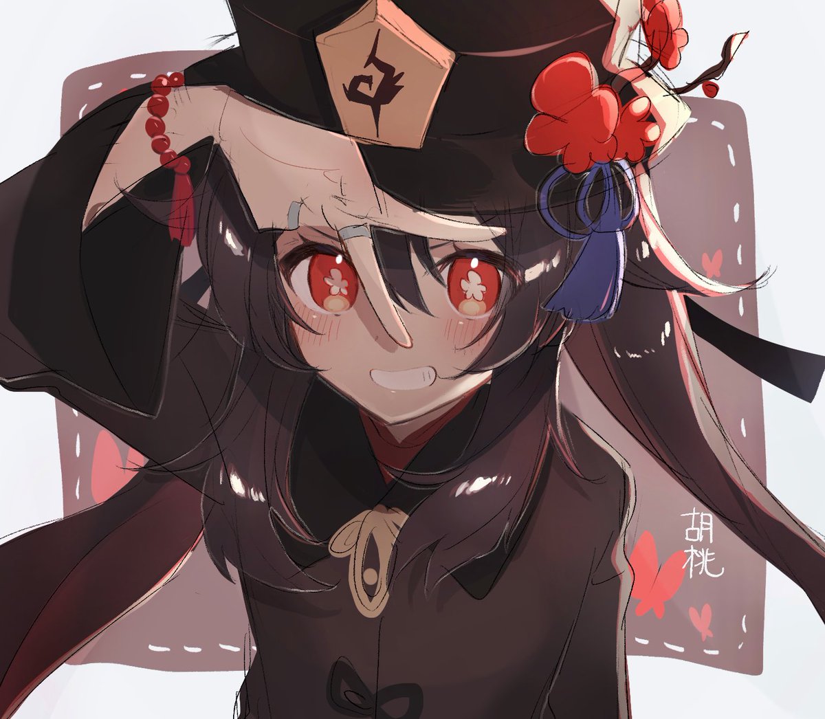 hu tao (genshin impact) 1girl hat red eyes solo smile jewelry flower  illustration images