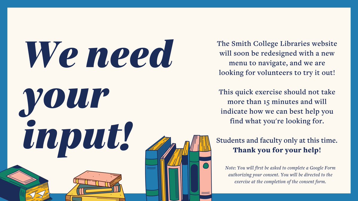 Want to help the Libraries? Our website will soon be redesigned with a new menu to navigate, and we are looking for volunteers to try it out! This ~15 min exercise will indicate how we can best help you find what you're looking for.
Click here to begin: bit.ly/SCLmenutest