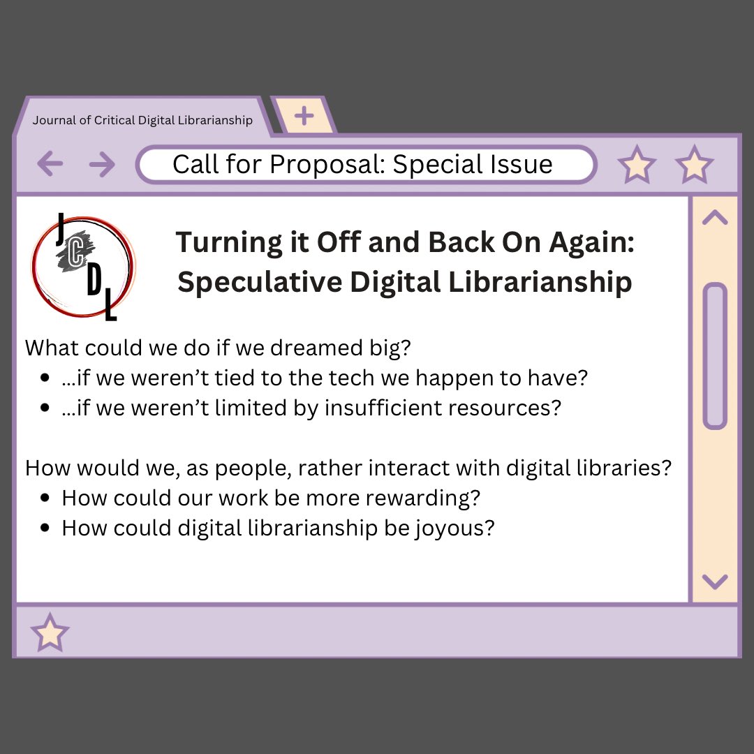 Critical_DigLib's tweet image. Y’all! We’ve had so many wonderful submissions for our special issue “Turning it Off and Back On Again: Speculative Digital #Librarianship”

Forgot to get yours to us? Don’t worry, we’re not too hung up on deadlines. Send ‘em if you have ‘em 😉

#library #archives