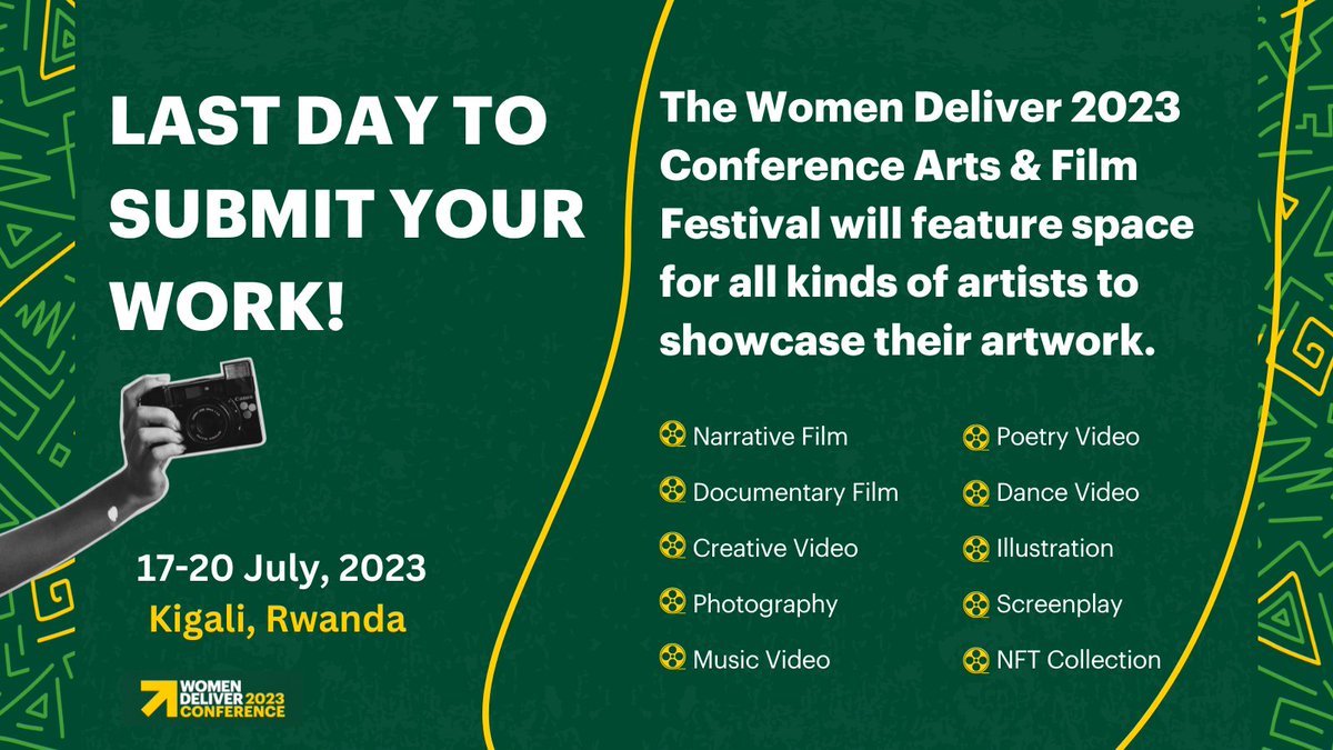 📣 Attention all artists and creatives!

Today is the last day to submit your artwork for the #WD2023 Arts &amp; Film Festival.

Don't miss out on this opportunity to be featured at the Conference in Rwanda! Send your submissions here 👇 before 11:59pm EDT.
bit.ly/3eV4po2