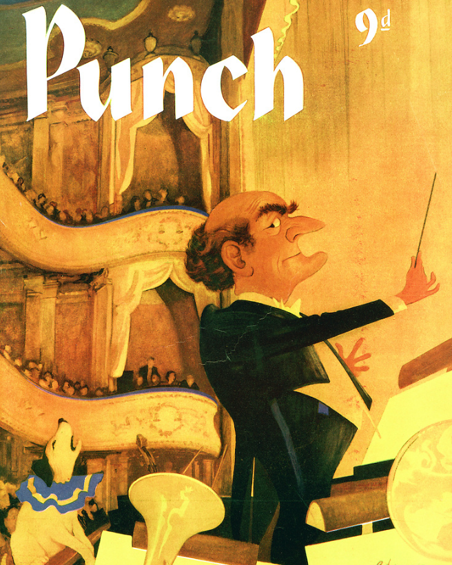 Punch front cover 20 May 1959 Order your prints: punch.co.uk #punchmagazine #punchcartoons #illustration #drawing #art #cartoonart #publishing #britishhumour #1950s #fleetstreet #GeorgeAdamson #concert #conducting #performance #orchestra #MrPunch #dog #entertainment
