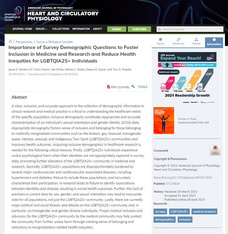 APSPublications's tweet photo. Importance of Survey #Demographic Questions to Foster #Inclusion in Medicine &amp; Research &amp; Reduce Health Inequities for #LGBTQIA2S+ Individuals - new in @ajpheartcirc!

https://t.co/LkfOhrvcya

@JDM_Physiology @haackphysv @BatesPhysio @DrGlitterbear @dmgopalcardiov @VeeWhiteEdits https://t.co/ThGvmWRMwt