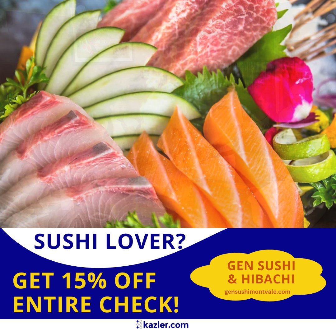 Sushi lovers, it's time to treat yourself! Enjoy a delicious meal at GEN SUSHI & HIBACHI and get 15% off your entire check. With a wide selection of sushi rolls and hibachi dishes, there's something for everyone. #Kazler  #Sushi  #GENSushiAndHibachi #DealsAndDiscounts  #NewJersey