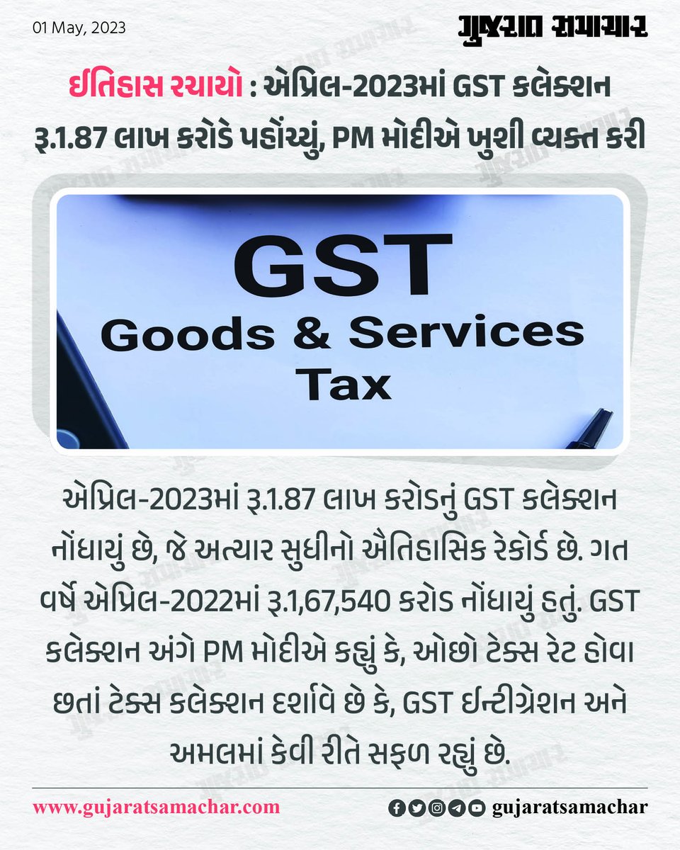 gujratsamachar's tweet image. ઈતિહાસ રચાયો : એપ્રિલ-2023માં GST કલેક્શન રૂ.1.87 લાખ કરોડે પહોંચ્યું, PM મોદીએ વ્યક્ત કરી ખુશી

#FinanceMinistry #GSTCollectionData #GST #PMModi #IndiaGST

gujaratsamachar.com/news/business/…