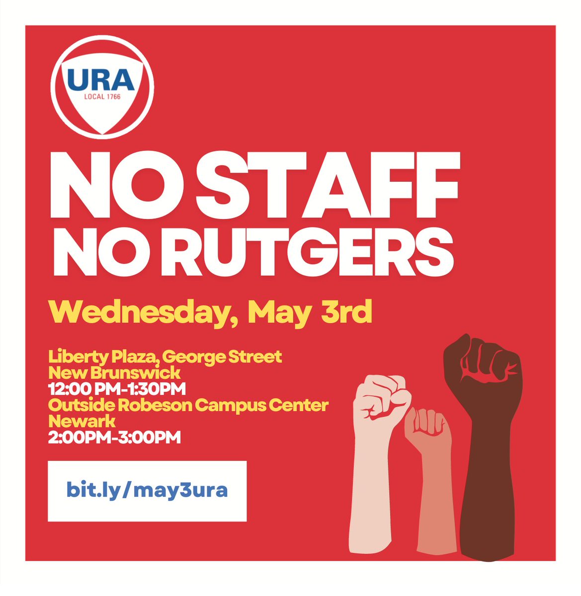 URA-AFT (@union1766) on Twitter photo 📢NO STAFF, NO RUTGERS📢
Rally with us >> bit.ly/may3ura
<a href="/ruaaup/">Rutgers AAUP-AFT Academic Worker Union</a> <a href="/ruaaup_ptl/">Rutgers Adjunct Faculty Union</a> <a href="/r1coalition/">r1coalition</a> 📢NO STAFF, NO RUTGERS📢
Rally with us >> bit.ly/may3ura
<a href="/ruaaup/">Rutgers AAUP-AFT Academic Worker Union</a> <a href="/ruaaup_ptl/">Rutgers Adjunct Faculty Union</a> <a href="/r1coalition/">r1coalition</a>