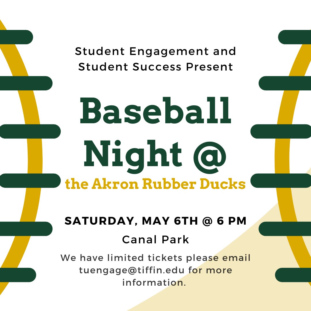 Join Student Engagement and Student Success on May 6th at 6 pm for the Akron Rubber Ducks  vs Portland Sea Dogs. We have a limited number of seats available. Please email us for more information.