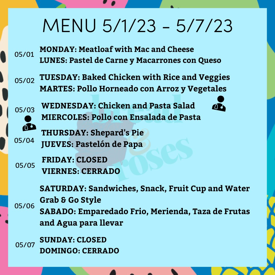 Check out what's on the menu this week. Don't forget: on Wednesday at 5:30 PM, the Greater Lawrence Family Health Center Mobile Unit will be here!

Hecha un vistazo a lo que hay en el menú de esta semana. ¡El miércoles a las 5:30PM, la Unidad Móvil GLFHC estará aquí!