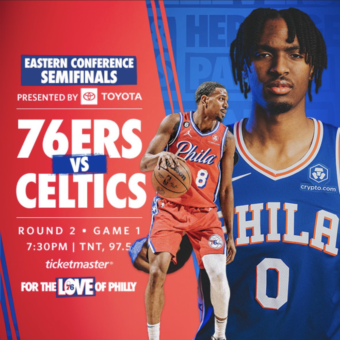 Philadelphia 76ers (@sixers) on Twitter photo round 2 - game 1.
🕐 7:30PM
📺 <a href="/NBAonTNT/">NBA on TNT</a>
📻 <a href="/975TheFanatic/">97.5 The Fanatic</a>
🏀 <a href="/celtics/">Boston Celtics</a>
pres. by <a href="/Toyota/">Toyota USA</a> | <a href="/Ticketmaster/">Ticketmaster</a> round 2 - game 1.
🕐 7:30PM
📺 <a href="/NBAonTNT/">NBA on TNT</a>
📻 <a href="/975TheFanatic/">97.5 The Fanatic</a>
🏀 <a href="/celtics/">Boston Celtics</a>
pres. by <a href="/Toyota/">Toyota USA</a> | <a href="/Ticketmaster/">Ticketmaster</a>