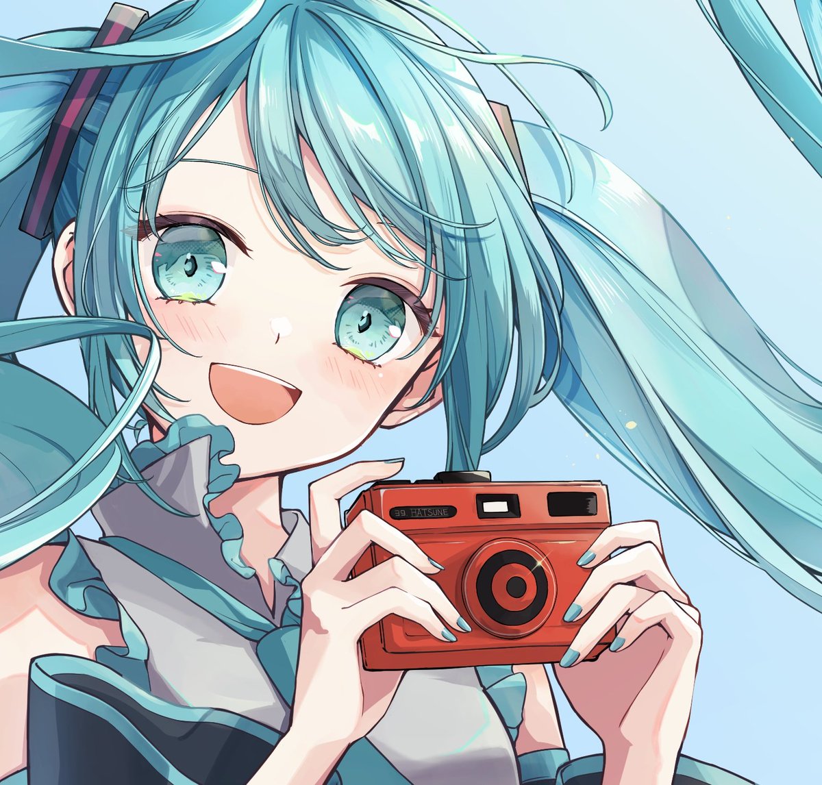 hatsune miku 1girl solo camera twintails holding holding camera smile  illustration images