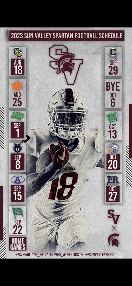 SVSpartans_FB's tweet photo. Our 2023 Football Schedule! Thanks to @chris_goeller for his work on our graphic! @HaydenCrooks @CoachQuay_ @CoachTim52 @CoachSkywalker3 @SVBBallCoach @SVHS_Athletics1 @UCNCFootball @SVHSPrin_Dad https://t.co/LfO6VLEjFN