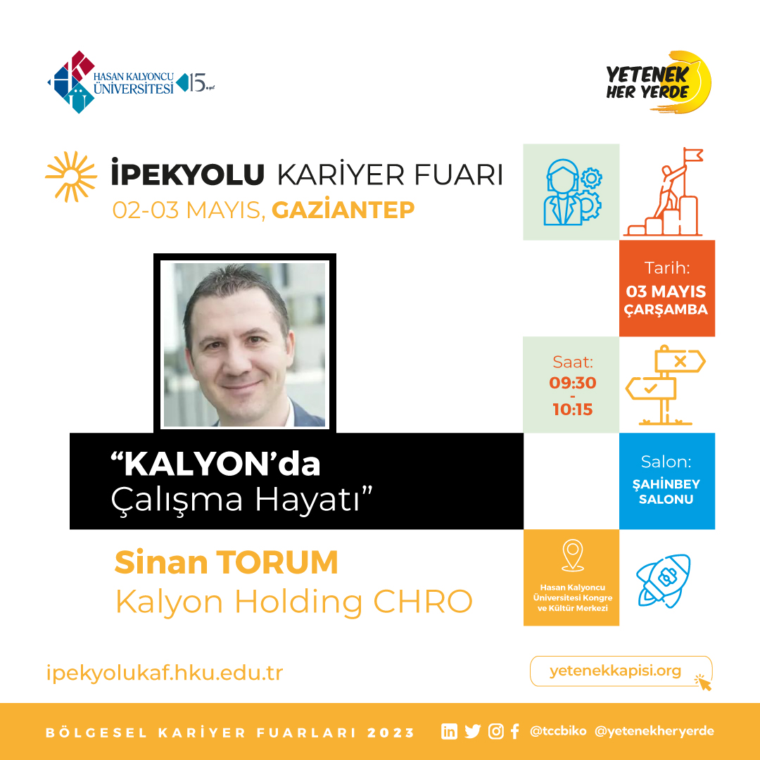 ipekyolukaf's tweet photo. @tccbiko tarafından koordine edilen ve üniversitemizin ev sahipliğinde, ''İpekyolu Kariyer Fuarı''nın konuğu 'Kalyon'da Çalışma Hayatı' konu başlığı ile Kalyon Holding CHRO Sinan Torum olacak.
📷3 Mayıs
📷9.30
📷HKÜ KKM https://t.co/YxZI8DiX9c