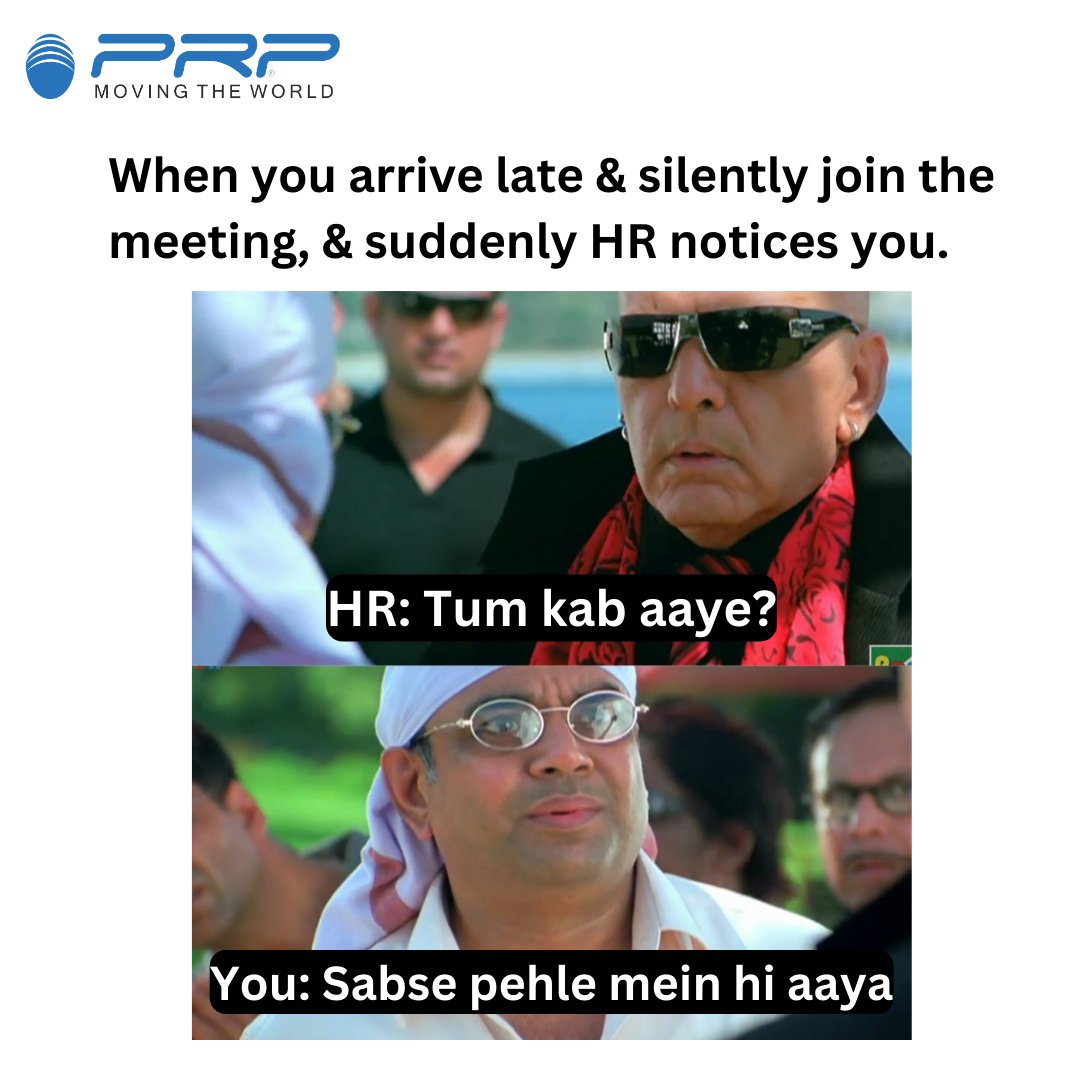When you arrive late to the meeting and HR suddenly notices you. 😂 Can you  relate? Share your #corporatelife #corporatememes #corporate #officelife  #officememes #hr #memes #prpservices #prpvoice #meme #business  #corporatememe #workmeme #trending #, image size:1080x1080