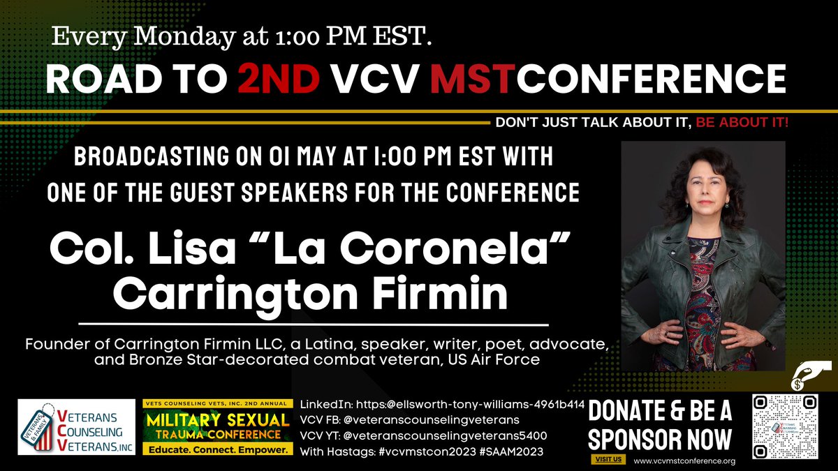 ColonelLisa's tweet photo. Listen in today, 1 May at 1pm EST. Learn more about @VETSCOUNSELVETS upcoming MST conference. Time to step up and be about the change!
#EndMST #NoMas #StoriesfromtheFront @ec_blueearbooks @Tammy_Barlet @kdrkrepp
@JavelinaNation @UTSAVeterans https://t.co/GYY7bqaVEL