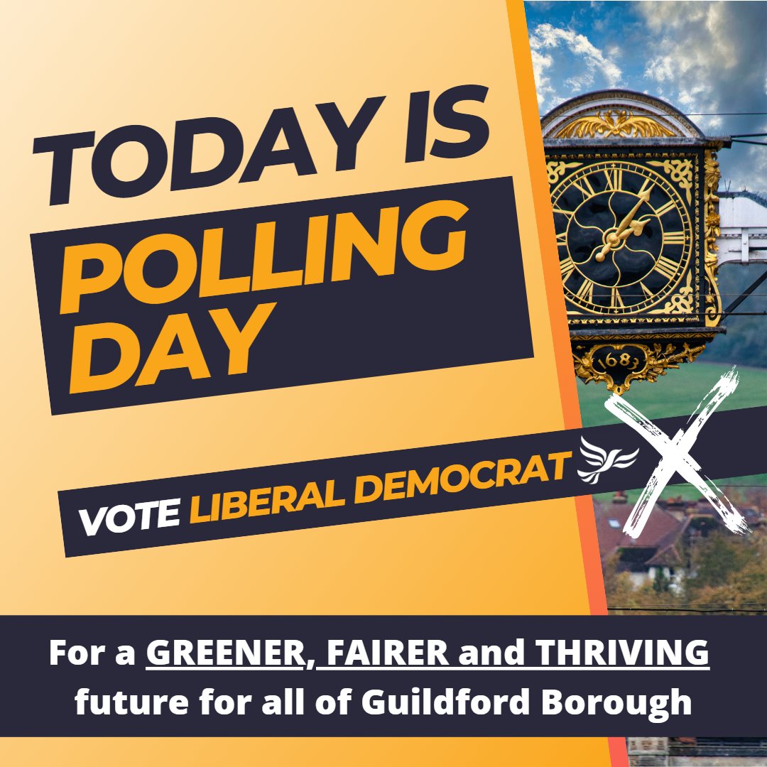 Polling stations are now open for the local elections. 

Make sure you use all your votes for your local #LibDem #CommunityChampion to ensure a #GreenerFairerThriving future for all of #Guildford Borough.

Polls are open 7am to 10pm. Don't forget your ID.