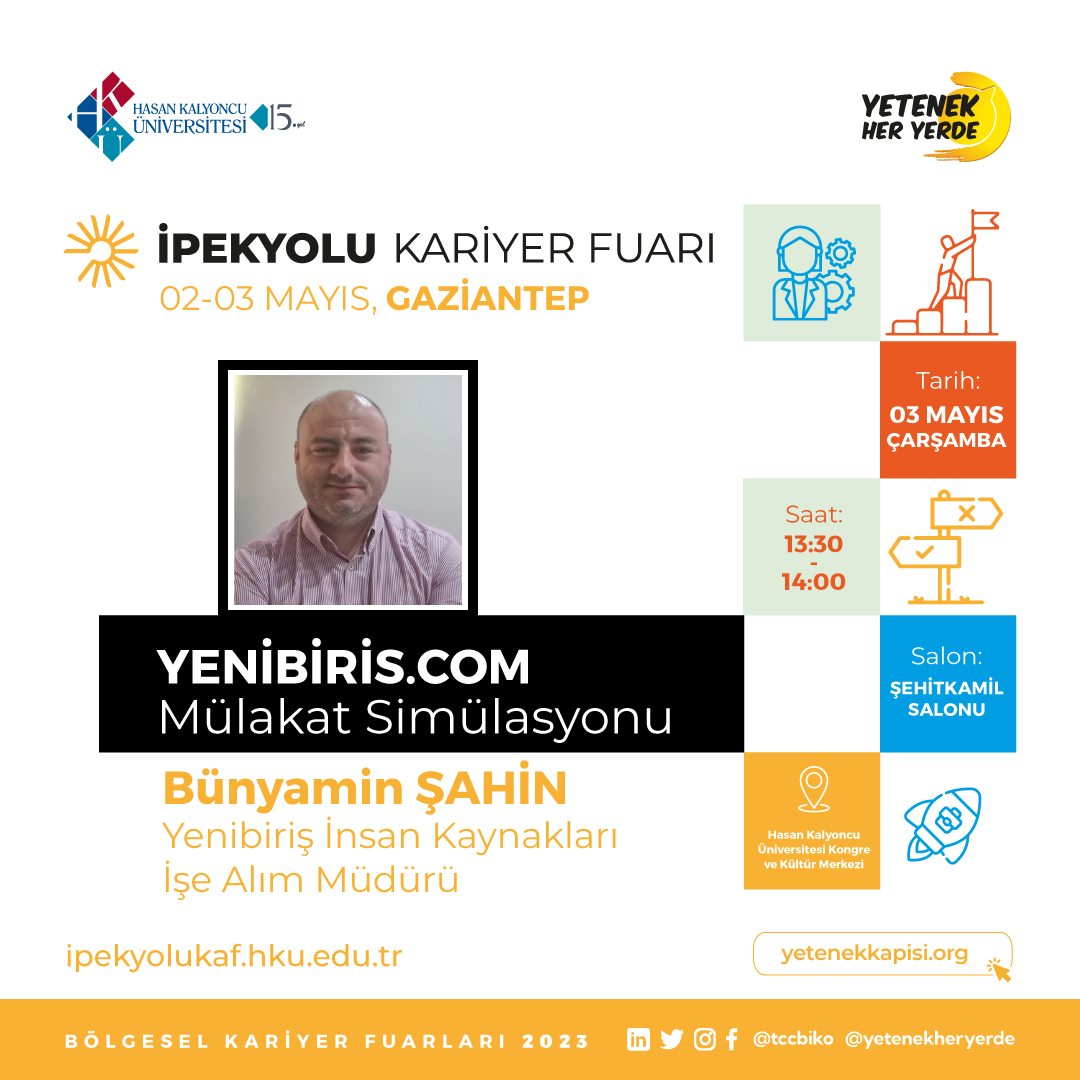 ipekyolukaf's tweet photo. @tccbiko tarafından koordine edilen ve üniversitemizin ev sahipliğinde, ''İpekyolu Kariyer Fuarı''nın konuğu 'https://t.co/D0paaQG5mj Mülakat Simülasyonu' konu başlığı ile Yenibiriş İnsan Kaynakları İşe Alım Müdürü Bünyamin Şahin olacak.
📷3 Mayıs
📷13.30
📷HKÜ KKM https://t.co/0UJFMEgP1f