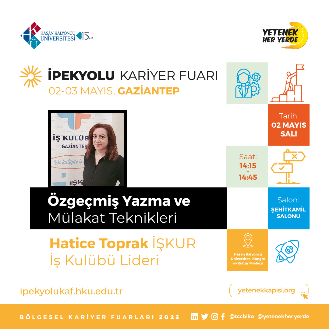 ipekyolukaf's tweet photo. @tccbiko tarafından koordine edilen ve üniversitemizin ev sahipliğinde, ''İpekyolu Kariyer Fuarı''nın konuğu 'Özgeçmiş Yazma ve Mülakat Teknikleri' konu başlığı ile İŞKUR İş Kulübü Lideri Hatice Toprak olacak.
📷2 Mayıs
📷14.15
📷HKÜ KKM https://t.co/133IE9Ggap